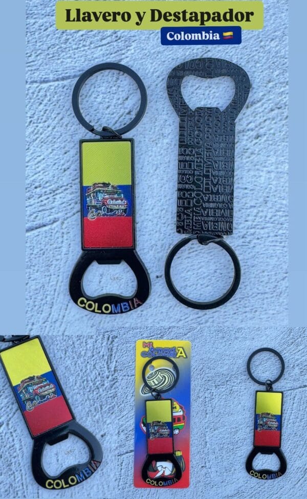 Llavero y destapador Tricolombia de metal Zamak con diseño de chiva colombiana, ideal como recuerdo y accesorio funcional.