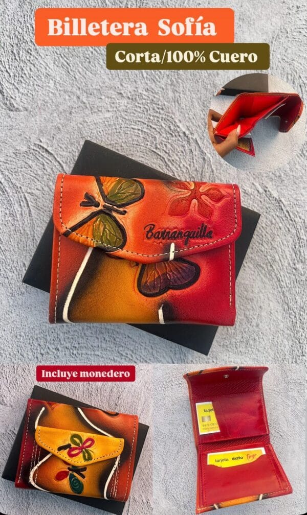 Billeteras artesanales de cuero con mariposas, hechas en Barranquilla, disponibles en colores surtidos, diseño exclusivo con caja de presentación.