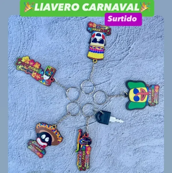 Llavero de madera MDF con diseños del Carnaval de Barranquilla, incluyendo Garabato, Marimonda, Negrito y Torito.