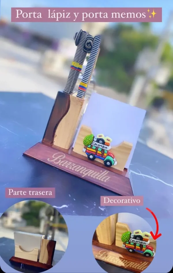 Porta lápiz y porta notas de madera con diseño artesanal de Barranquilla